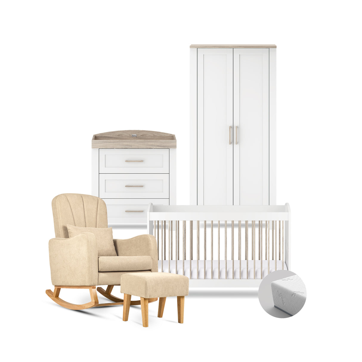 Silver Cross Valencia 5 Piece Nursery Furniture Set with Cot Bed, Dresser, Wardrobe, Carmel Rocking Chair and TrueFit Eco Fibre Mattress