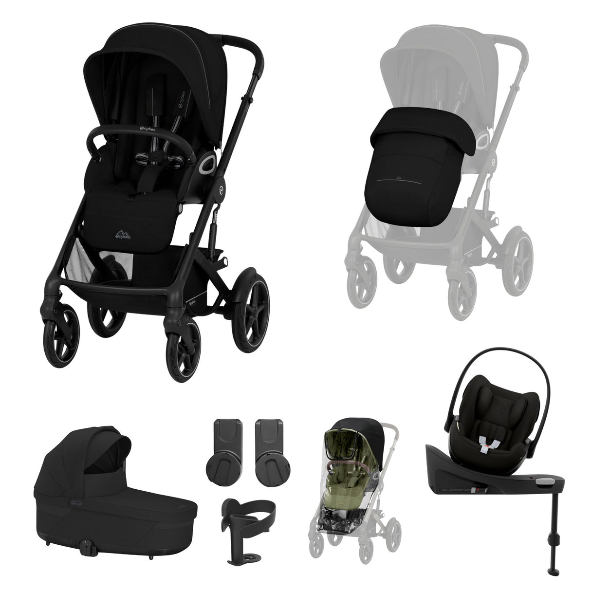 Cybex Talos S Lux Carrycot Travel System with Cloud G Car Seat & ISOFIX Base - Moon Black