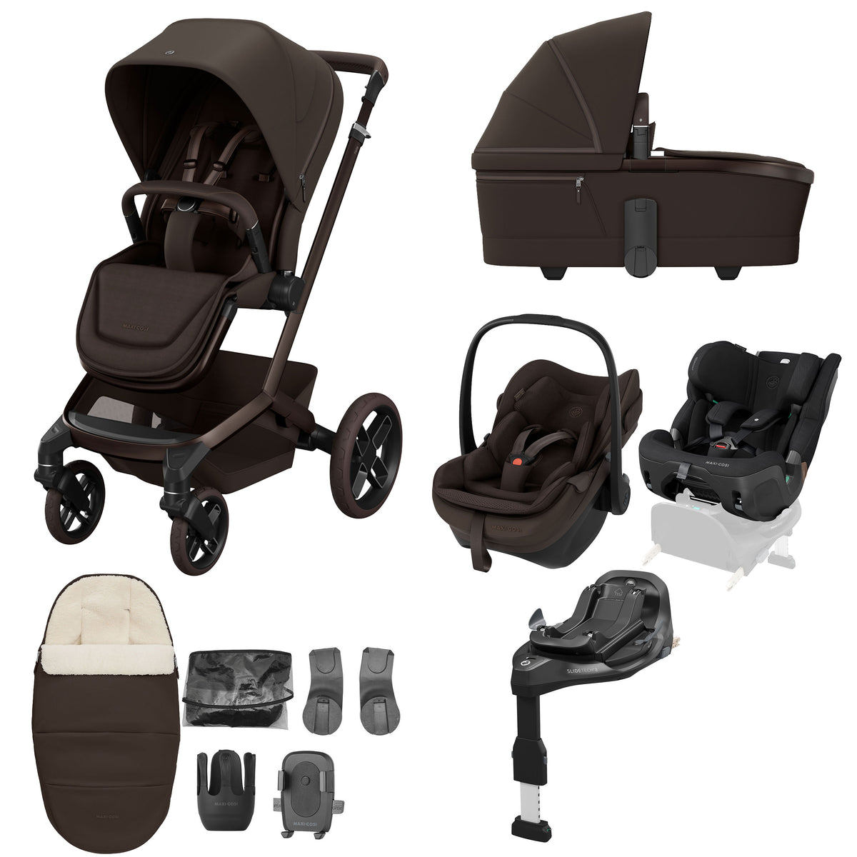 Maxi Cosi Fame 2026 Premium Family XL Travel System with Pebble Slide Pro, Pearl XL & Slide Pro Base - Espresso Brown