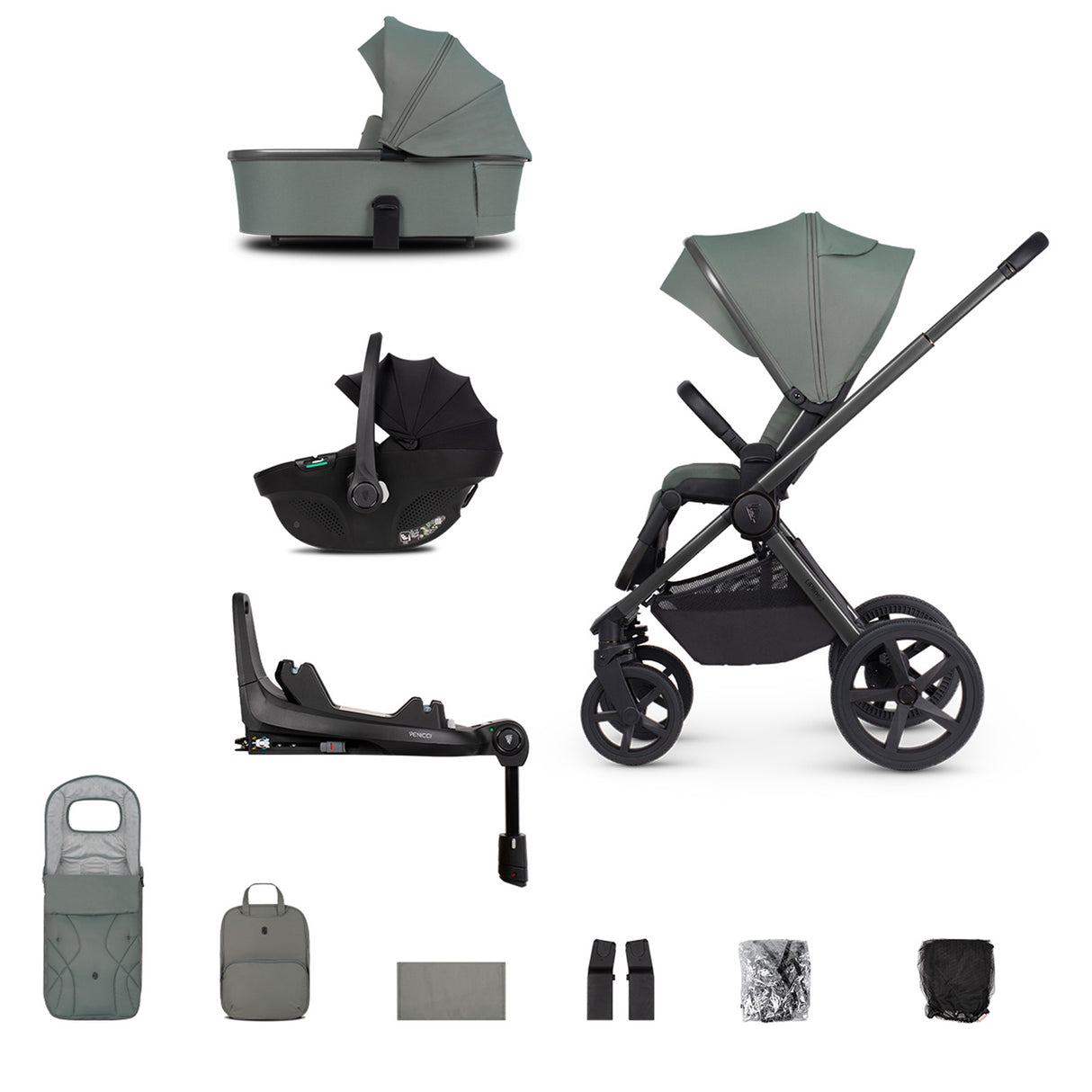 Venicci Upline 2 Travel System with Accessories, Tiago Car Seat & ISOFIX Base - Aloe