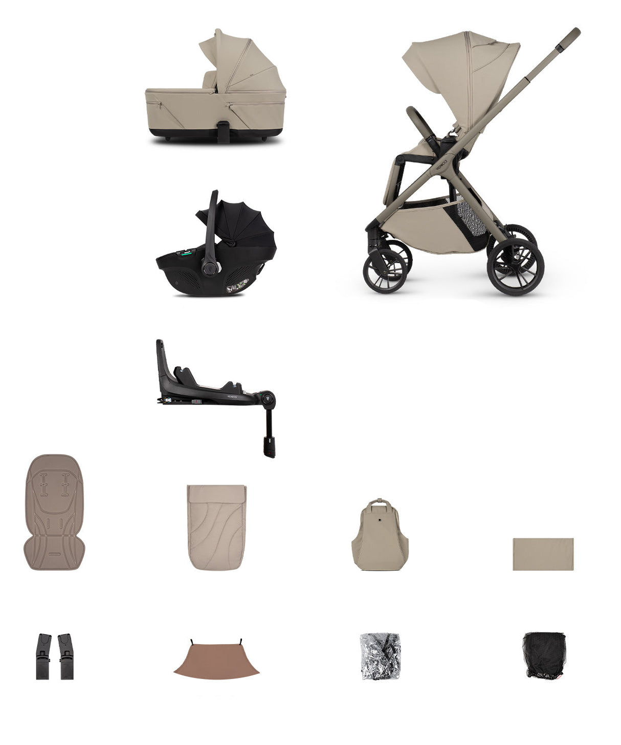 Venicci Tila Travel System with Accessories and Tiago Car Seat & ISOFIX Base - Latte