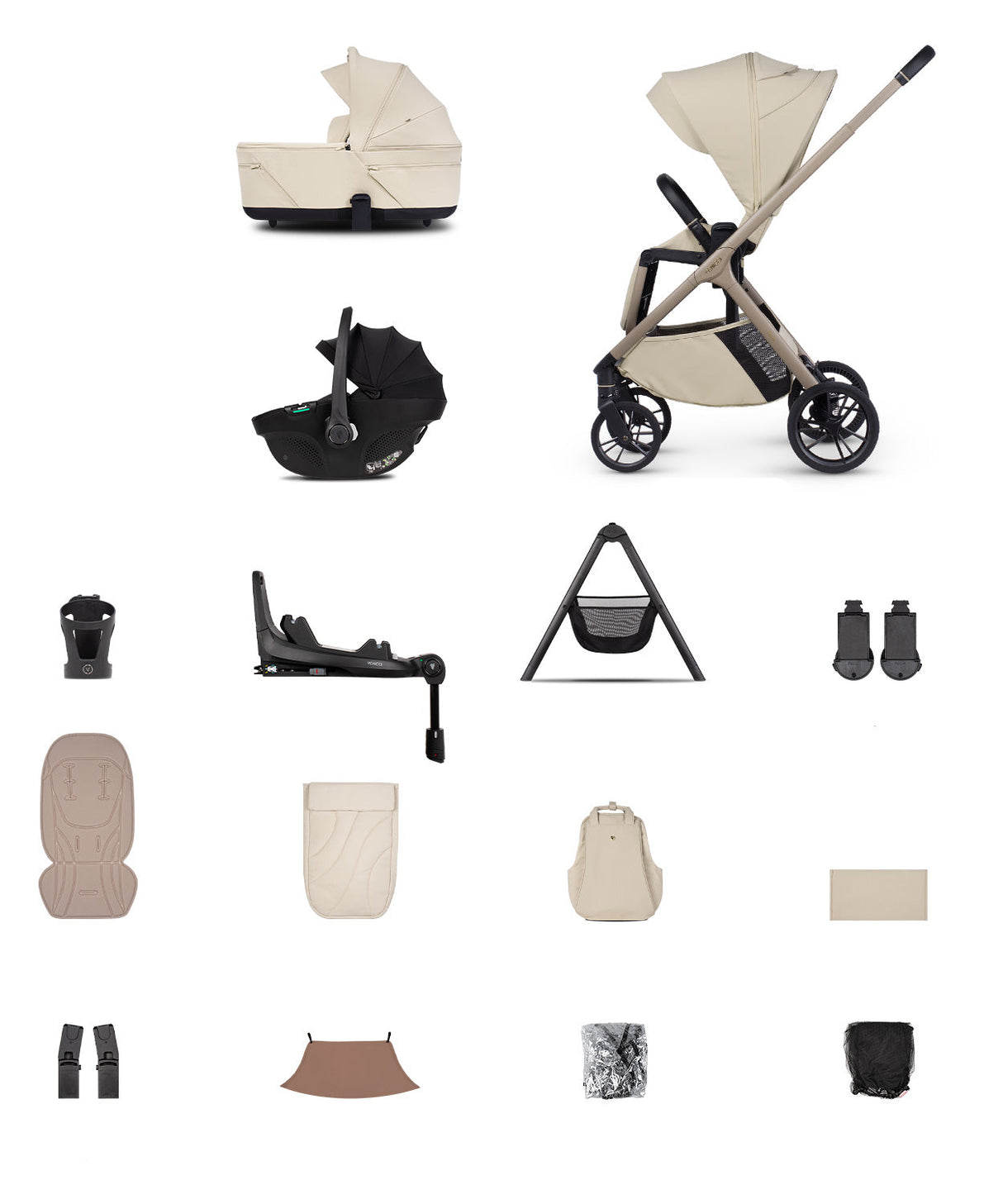 Venicci Tila Ultimate Travel System with Accessories and Tiago Car Seat & ISOFIX Base - Sabbia