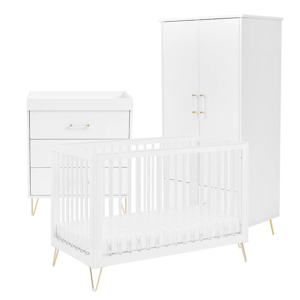Babymore Kimi Acrylic 3 Piece Nursery Furniture Set with Cot Bed, Dresser and Wardrobe