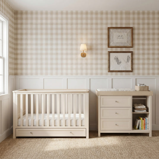 Bebe & Beyond Wandered Cot Bed & Dresser 2 Piece Nursery Furniture Set - Cashmere & Oak 1