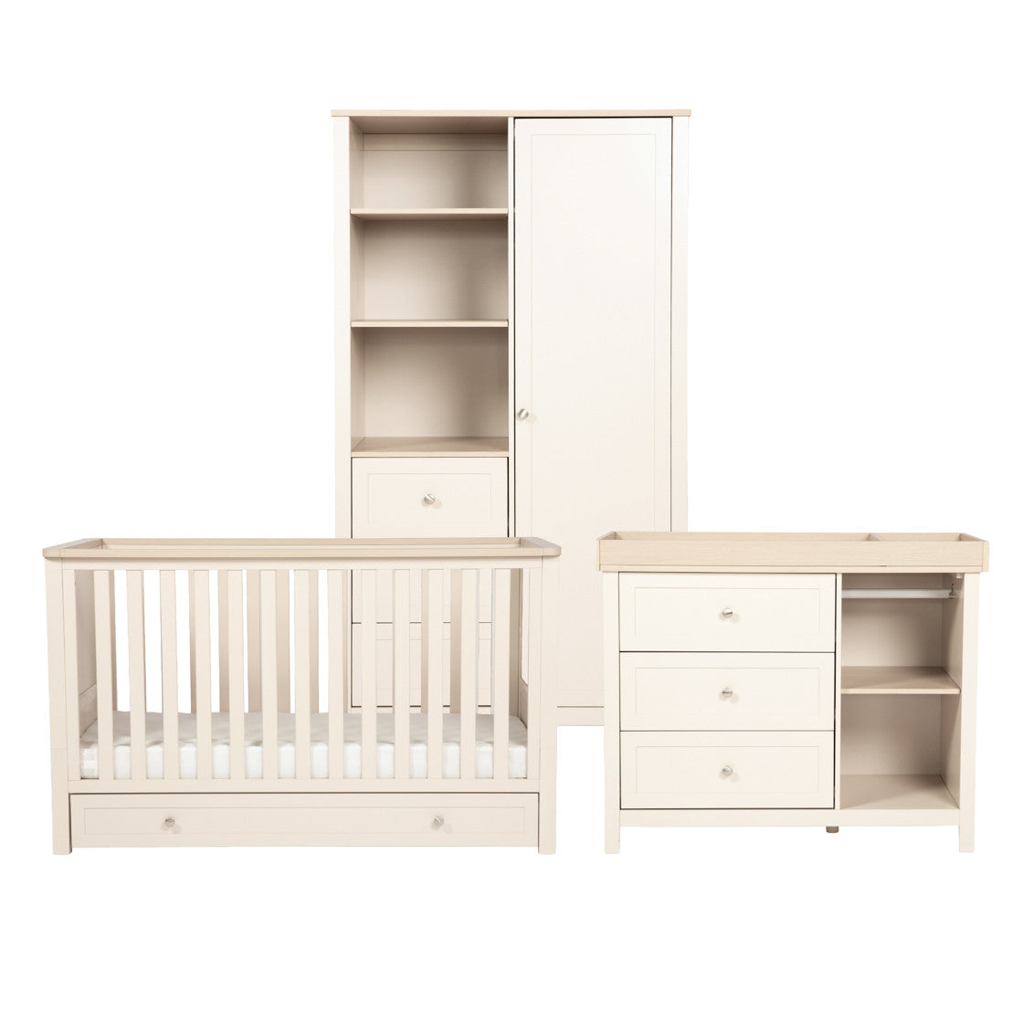 Bebe & Beyond Wanderer Cot Bed, Wardrobe & Dresser 3 Piece Nursery Furniture Set - Cashmere & Oak 6