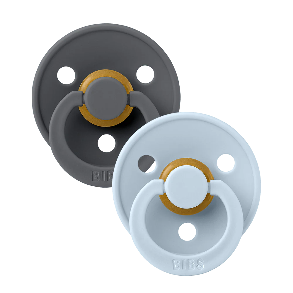 BIBS Colour Round Latex Pacifiers Size 2 – Iron & Baby Blue (2 Pack)