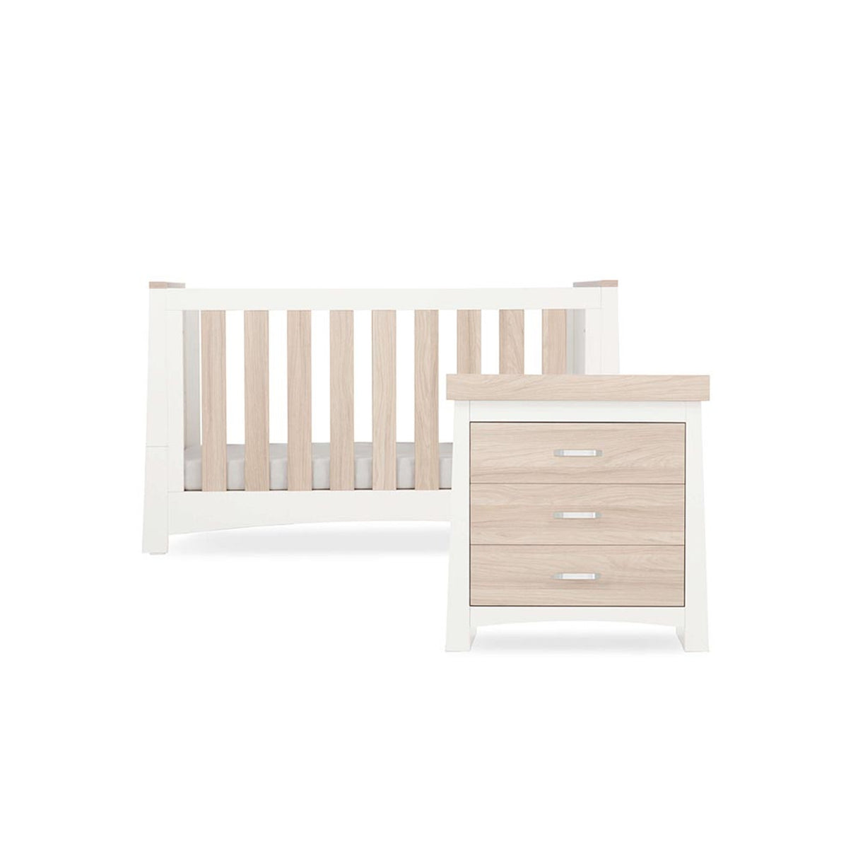 CuddleCo Ada 2 Piece Nursery Furniture Set with Cot Bed and Dresser - White & Ash