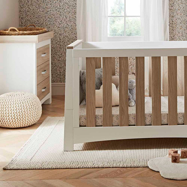 CuddleCo Ada 2 Piece Nursery Furniture Set with Cot Bed and Dresser - White & Ash