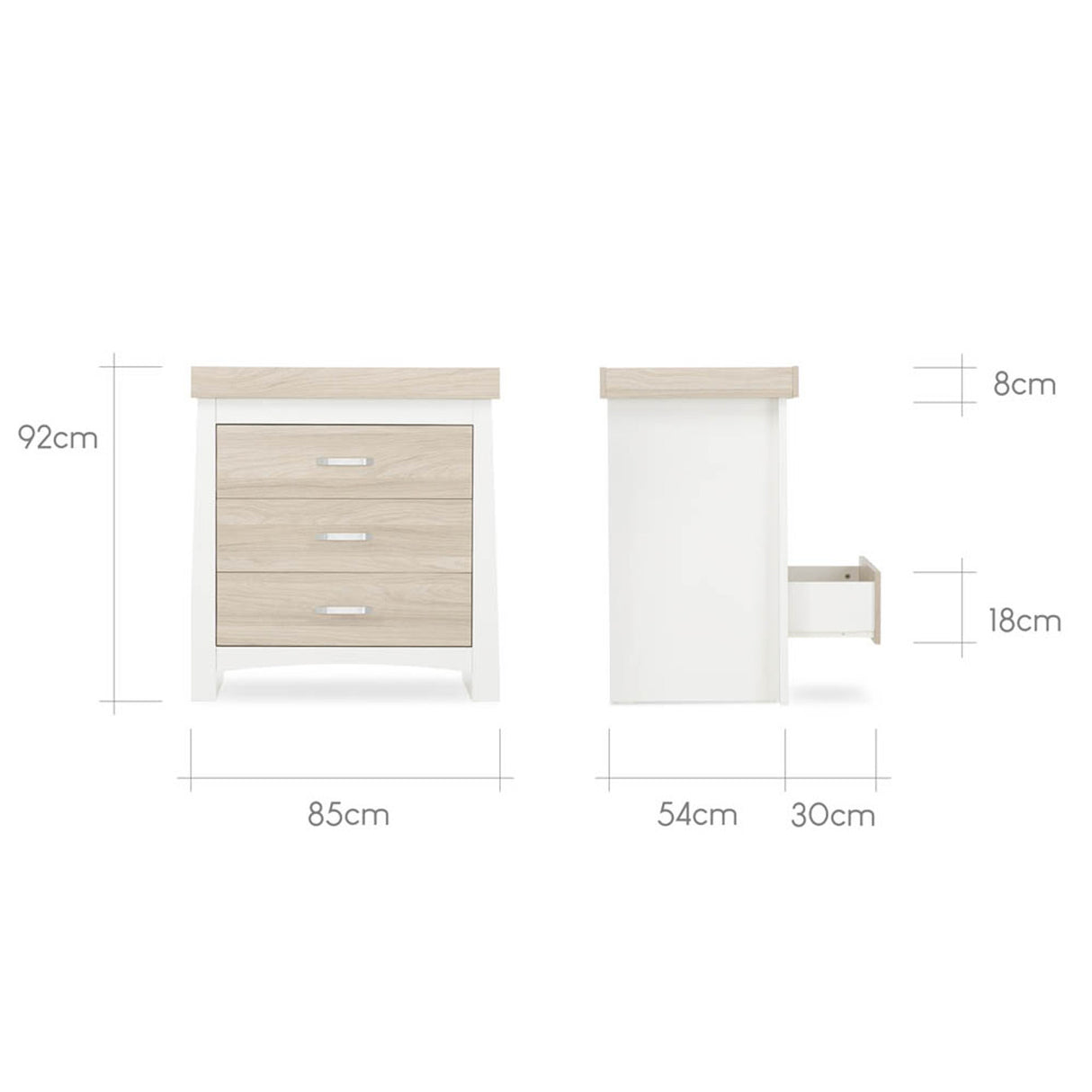 CuddleCo Ada 3 Piece Nursery Furniture Set with Cot Bed, Dresser and Wardrobe - White & Ash
