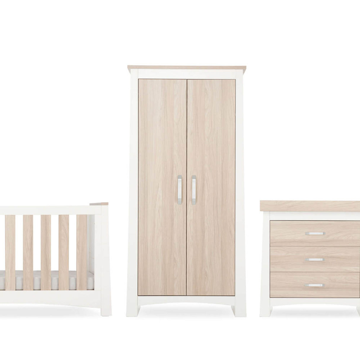 CuddleCo Ada 3 Piece Nursery Furniture Set with Cot Bed, Dresser and Wardrobe - White & Ash