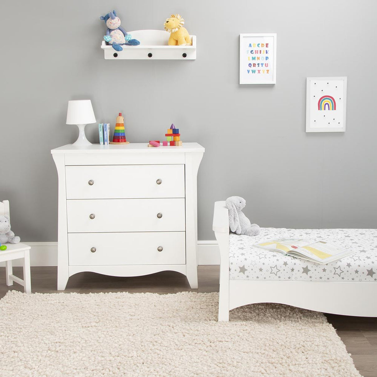 CuddleCo Clara 3 Piece Nursery Furniture Set with Cot Bed, Dresser and Wardrobe - White