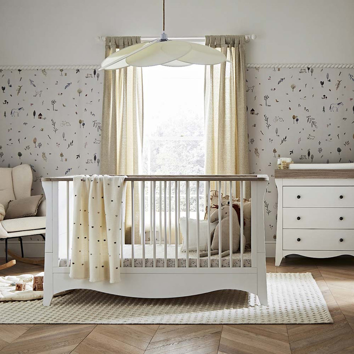 CuddleCo Clara 2 Piece Nursery Furniture Set with Cot Bed and Dresser - White & Ash
