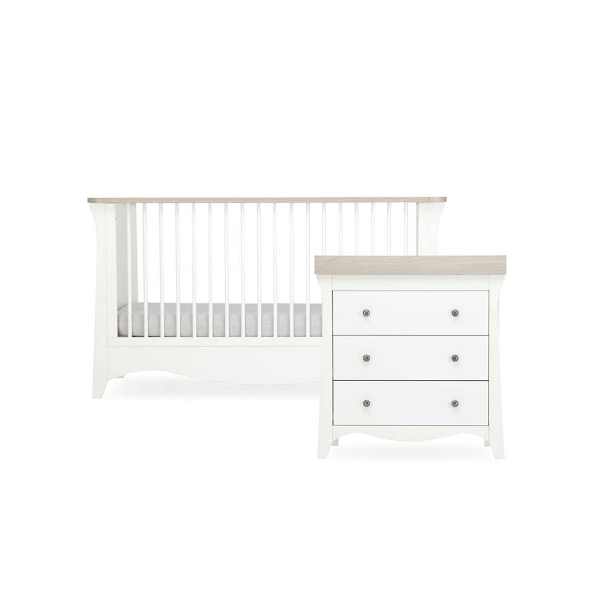 CuddleCo Clara 2 Piece Nursery Furniture Set with Cot Bed and Dresser - White & Ash