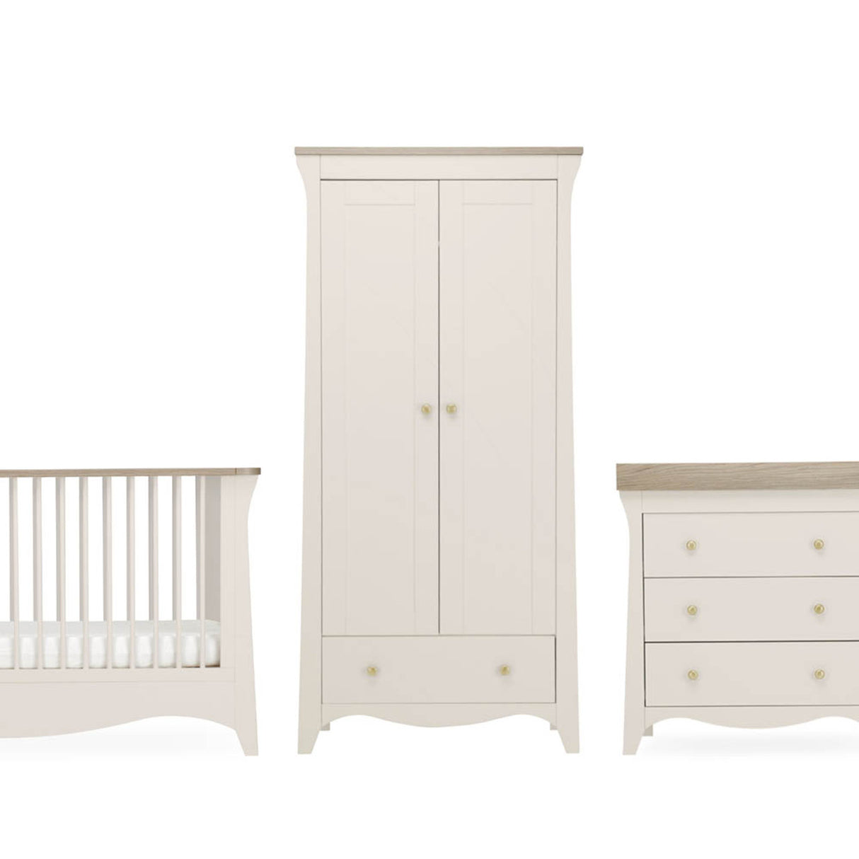 CuddleCo Clara 3 Piece Nursery Furniture Set with Cot Bed, Dresser and Wardrobe - Cashmere