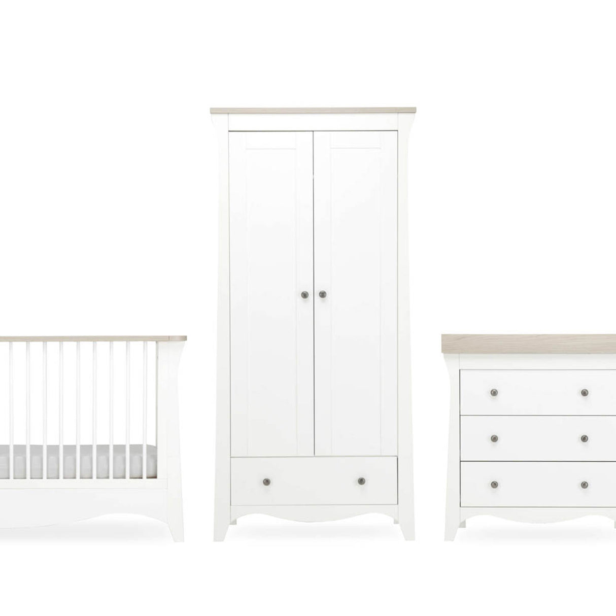CuddleCo Clara 3 Piece Nursery Furniture Set with Cot Bed, Dresser and Wardrobe - White & Ash