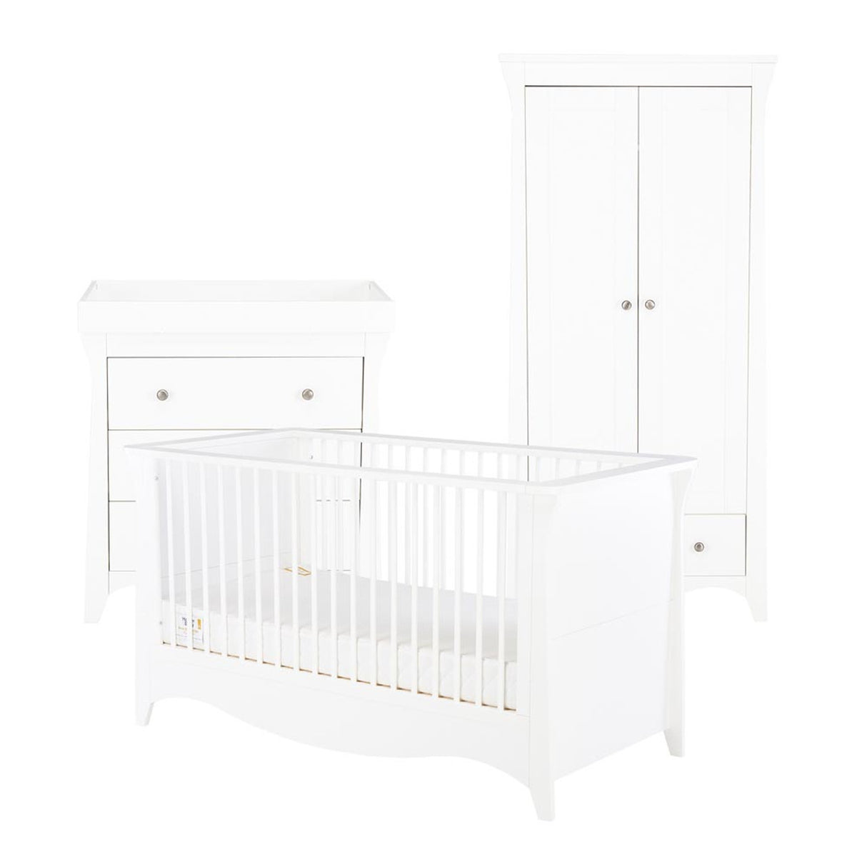 CuddleCo Clara 3 Piece Nursery Furniture Set with Cot Bed, Dresser and Wardrobe - White