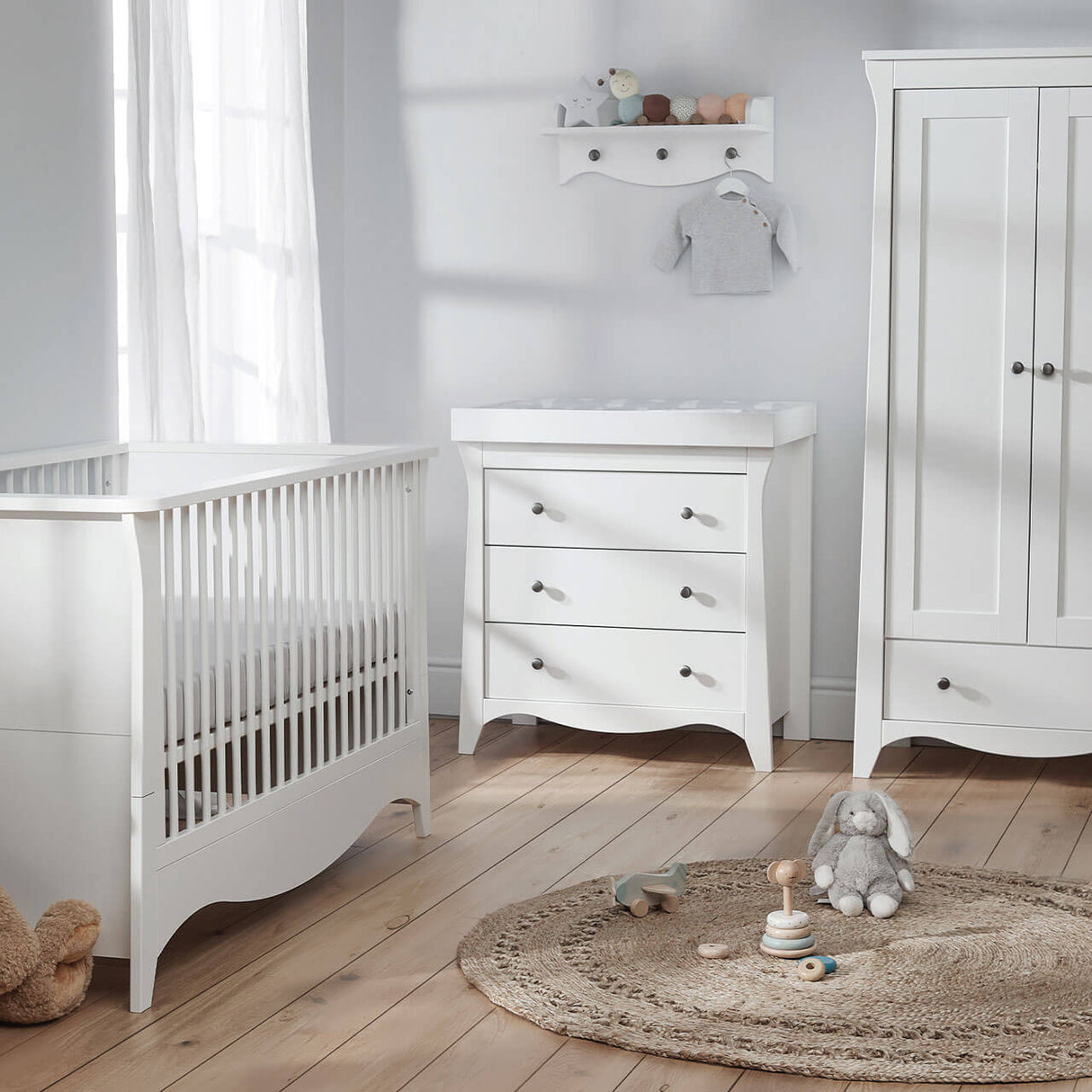 CuddleCo Clara 3 Piece Nursery Furniture Set with Cot Bed, Dresser and Wardrobe - White