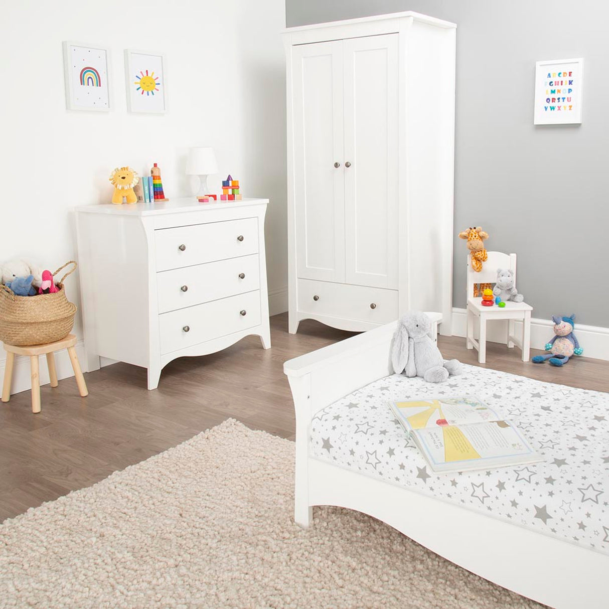 CuddleCo Clara 3 Piece Nursery Furniture Set with Cot Bed, Dresser and Wardrobe - White