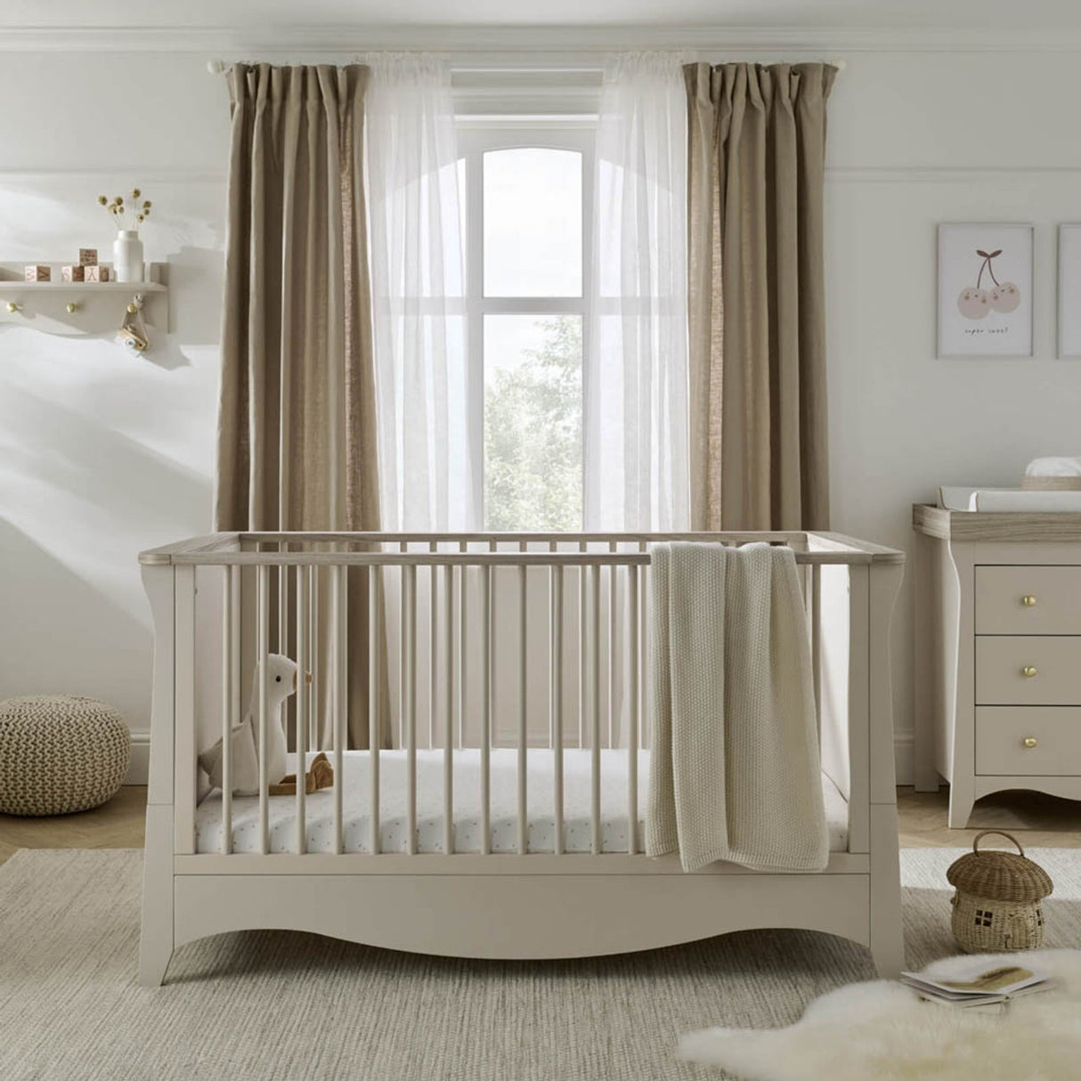 CuddleCo Clara 3 Piece Nursery Furniture Set with Cot Bed, Dresser and Wardrobe - Cashmere