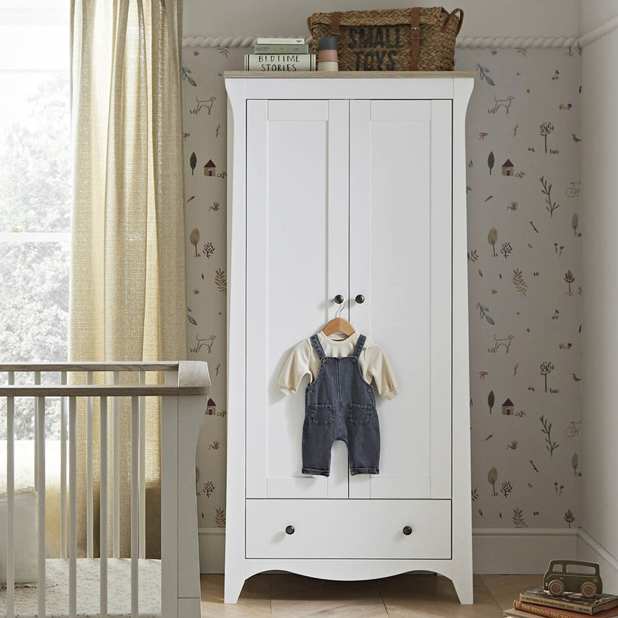 CuddleCo Clara 3 Piece Nursery Furniture Set with Cot Bed, Dresser and Wardrobe - White & Ash