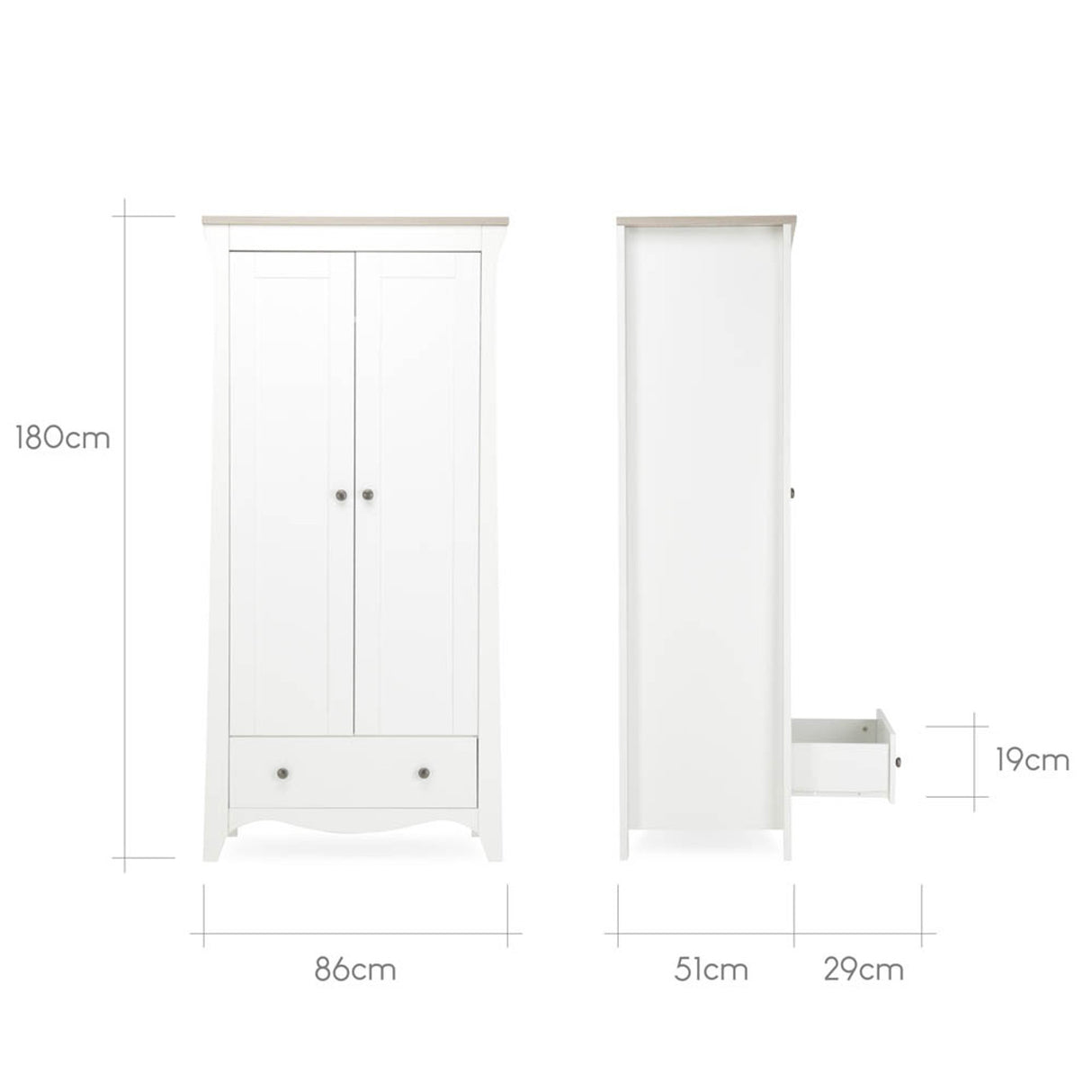CuddleCo Clara 3 Piece Nursery Furniture Set with Cot Bed, Dresser and Wardrobe - White & Ash