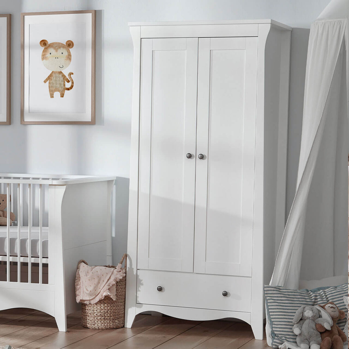 CuddleCo Clara 3 Piece Nursery Furniture Set with Cot Bed, Dresser and Wardrobe - White