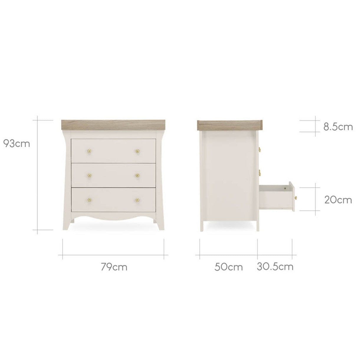 CuddleCo Clara 3 Piece Nursery Furniture Set with Cot Bed, Dresser and Wardrobe - Cashmere