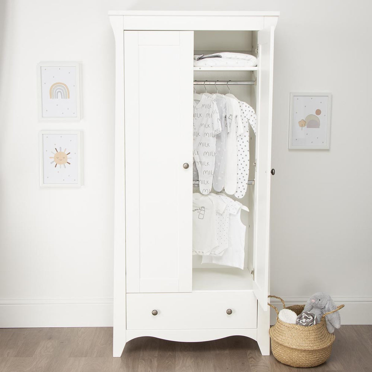 CuddleCo Clara 3 Piece Nursery Furniture Set with Cot Bed, Dresser and Wardrobe - White