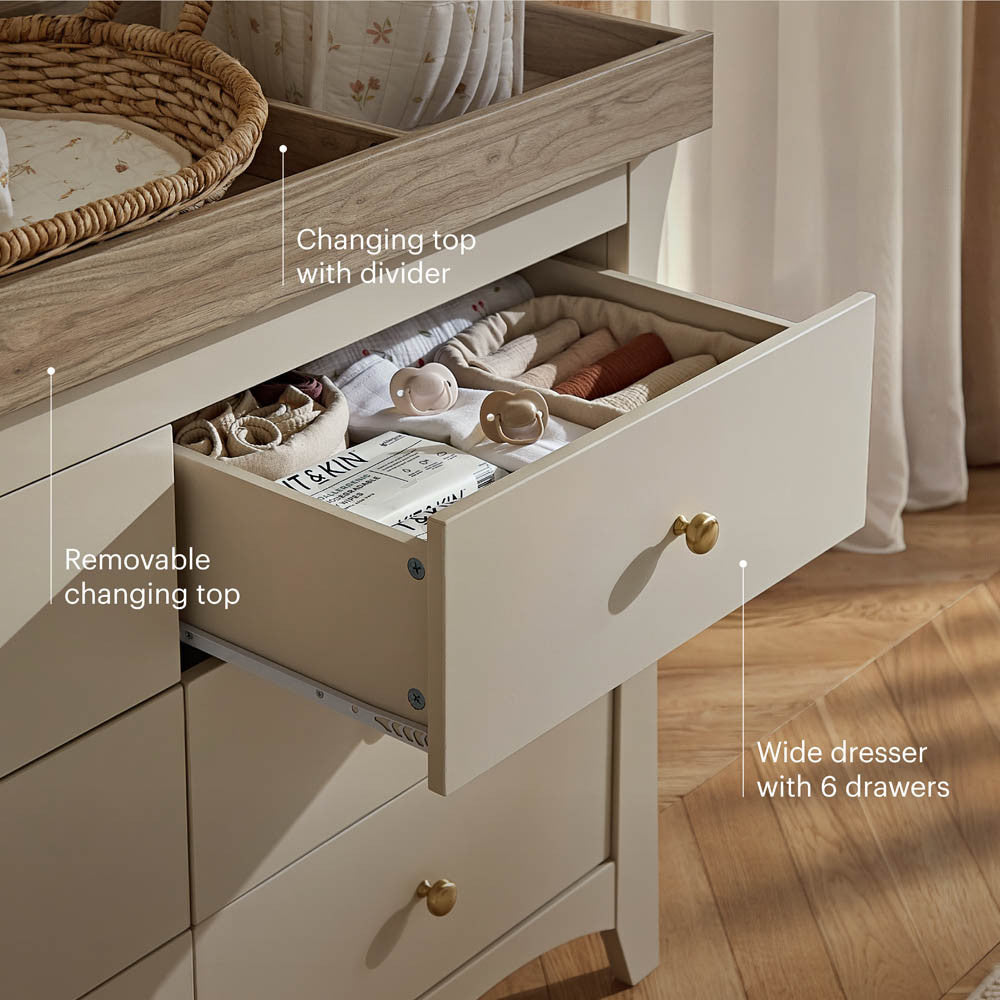 CuddleCo Clara Lux Wide 6 Drawer Dresser - Cashmere & Ash