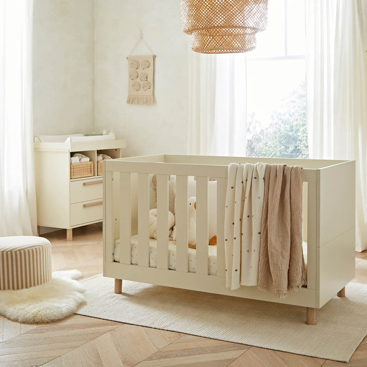 CuddleCo Harper 2 Piece Nursery Furniture Set with Cot Bed and Dresser - Cream & Ash
