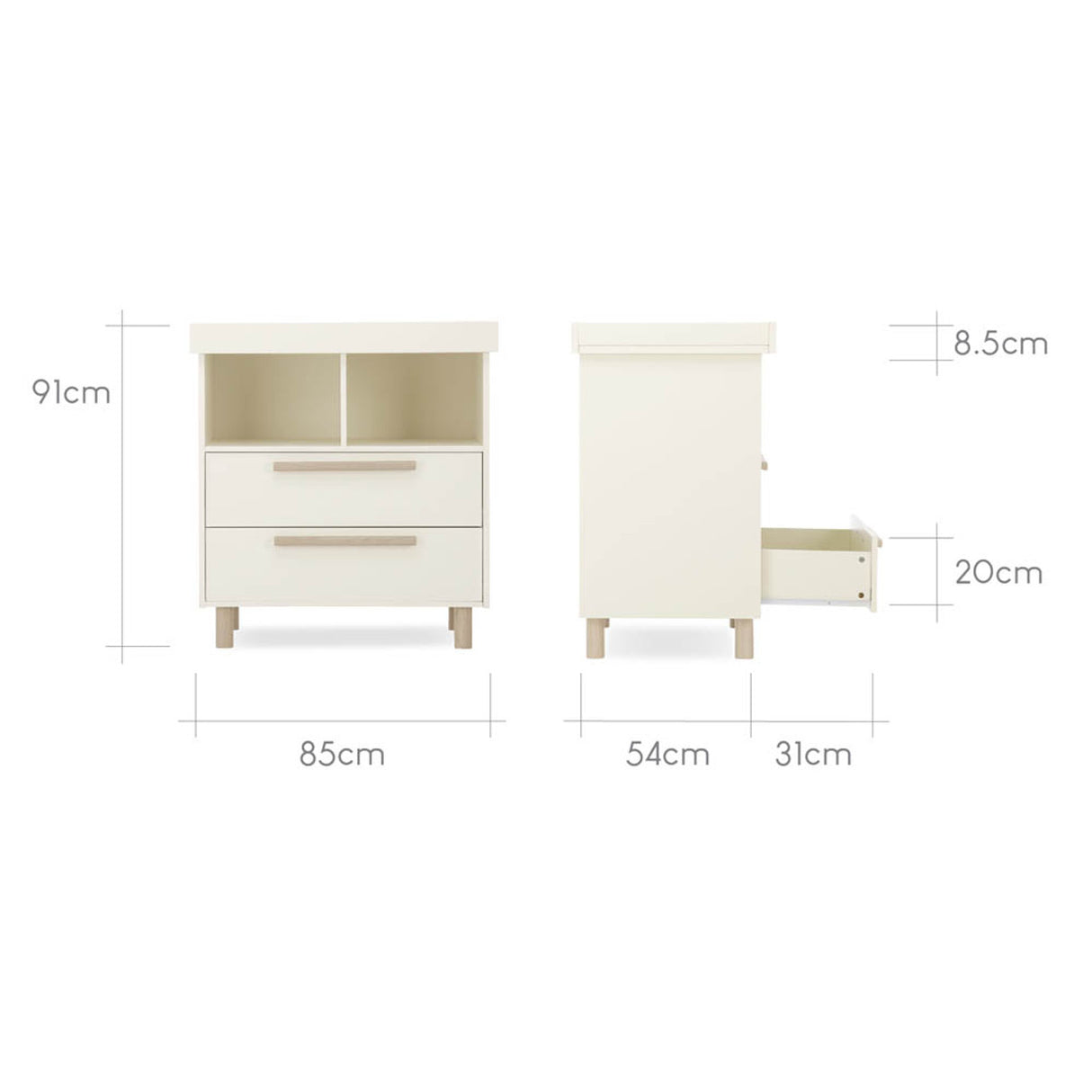 CuddleCo Harper 3 Piece Nursery Furniture Set with Cot Bed, Dresser and Wardrobe - Cream & Ash