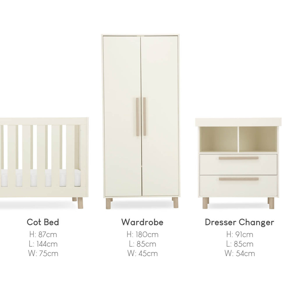 CuddleCo Harper 3 Piece Nursery Furniture Set with Cot Bed, Dresser and Wardrobe - Cream & Ash