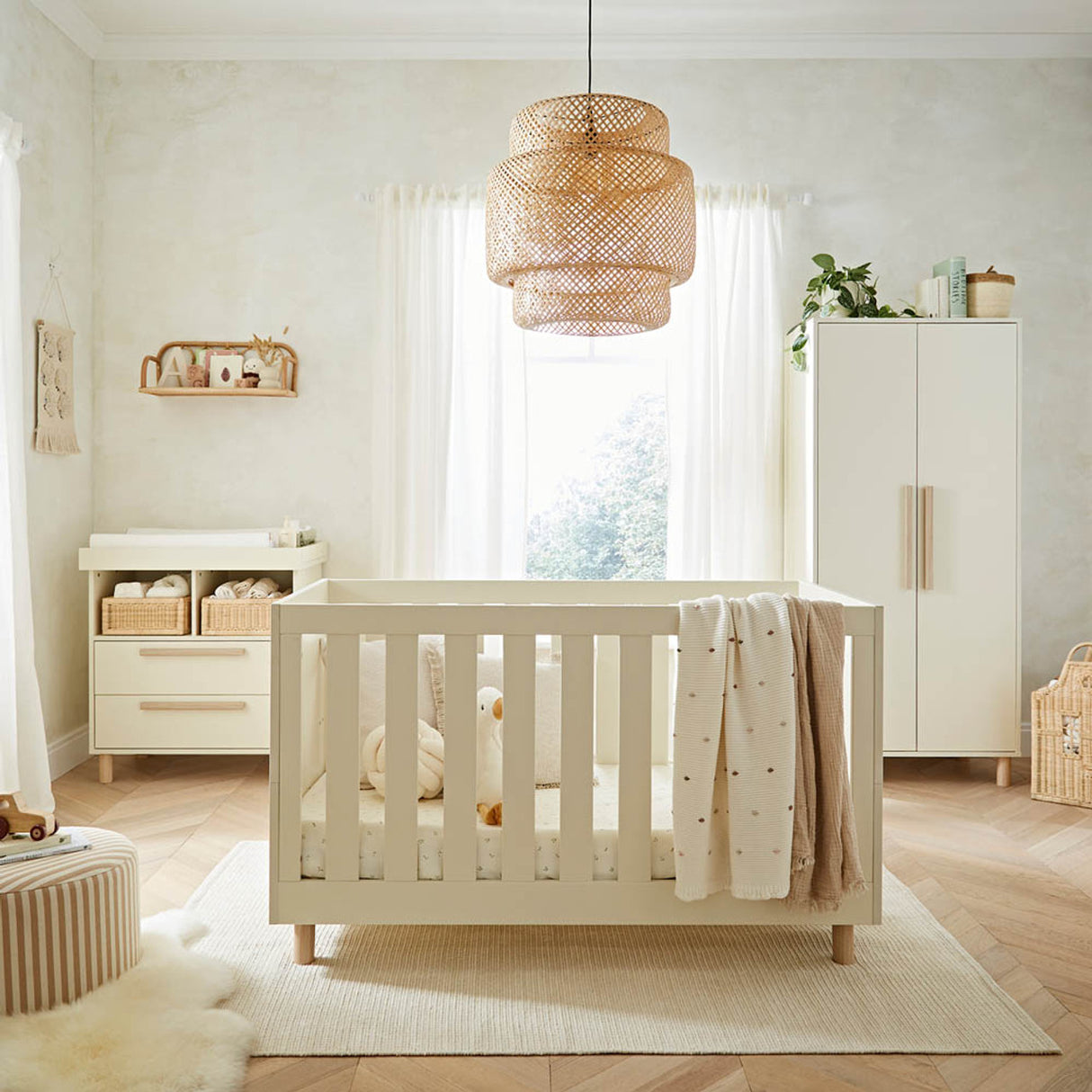 CuddleCo Harper 3 Piece Nursery Furniture Set with Cot Bed, Dresser and Wardrobe - Cream & Ash