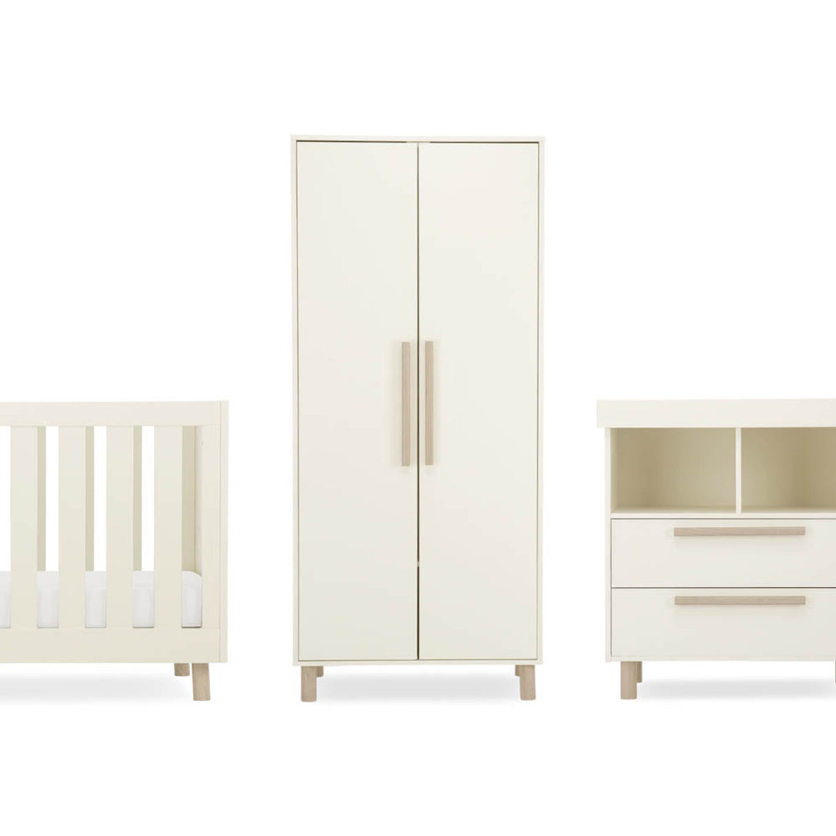 CuddleCo Harper 3 Piece Nursery Furniture Set with Cot Bed, Dresser and Wardrobe - Cream & Ash