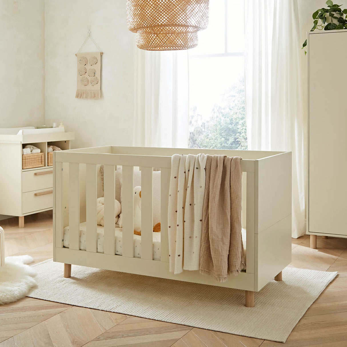 CuddleCo Harper 3 Piece Nursery Furniture Set with Cot Bed, Dresser and Wardrobe - Cream & Ash