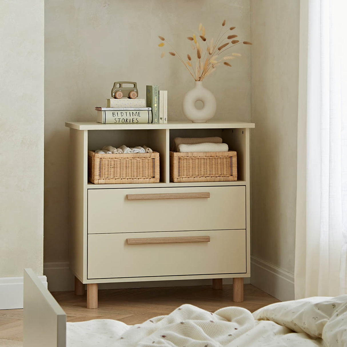 CuddleCo Harper 3 Piece Nursery Furniture Set with Cot Bed, Dresser and Wardrobe - Cream & Ash