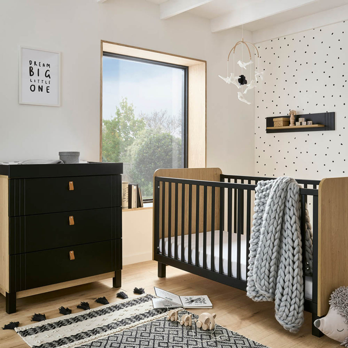CuddleCo Rafi 2 Piece Nursery Furniture Set with Cot Bed and Dresser - Oak & Black