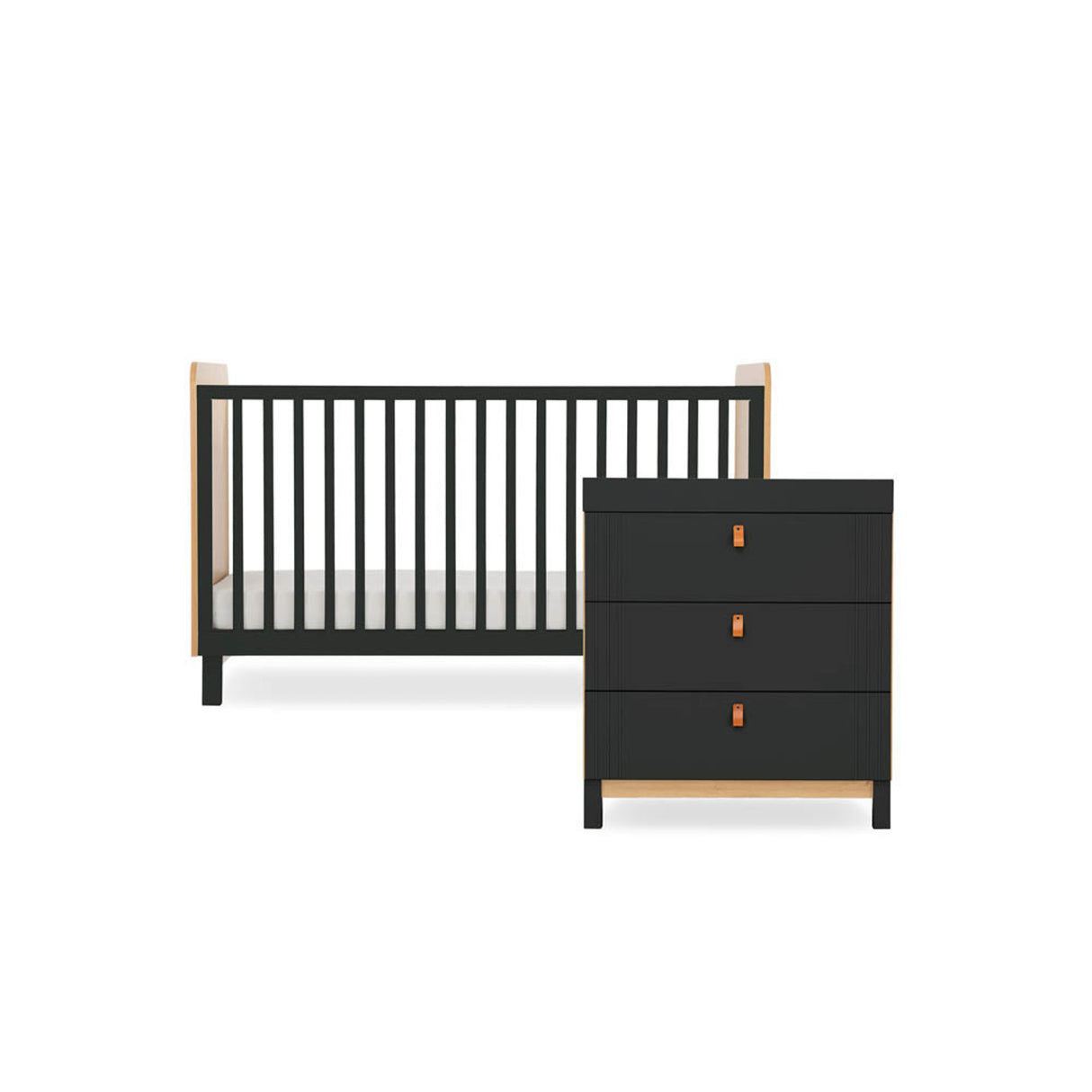 CuddleCo Rafi 2 Piece Nursery Furniture Set with Cot Bed and Dresser - Oak & Black