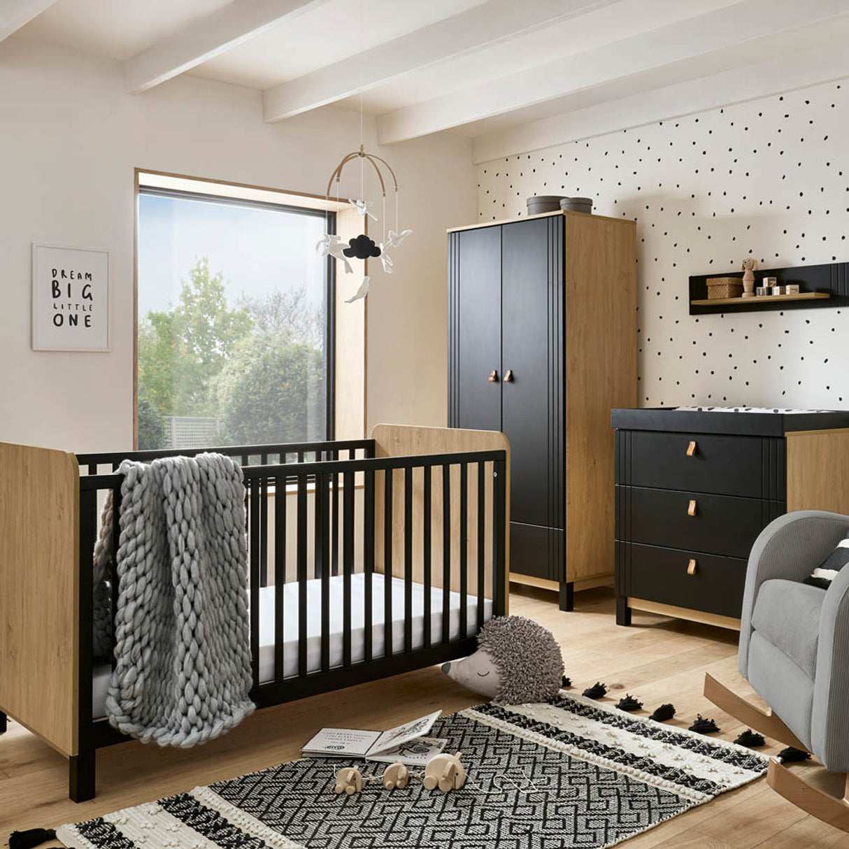 CuddleCo Rafi 3 Piece Nursery Furniture Set with Cot Bed, Dresser and Wardrobe - Oak & Black