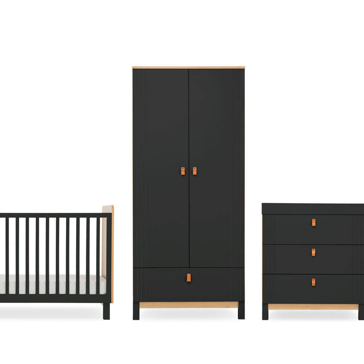 CuddleCo Rafi 3 Piece Nursery Furniture Set with Cot Bed, Dresser and Wardrobe - Oak & Black