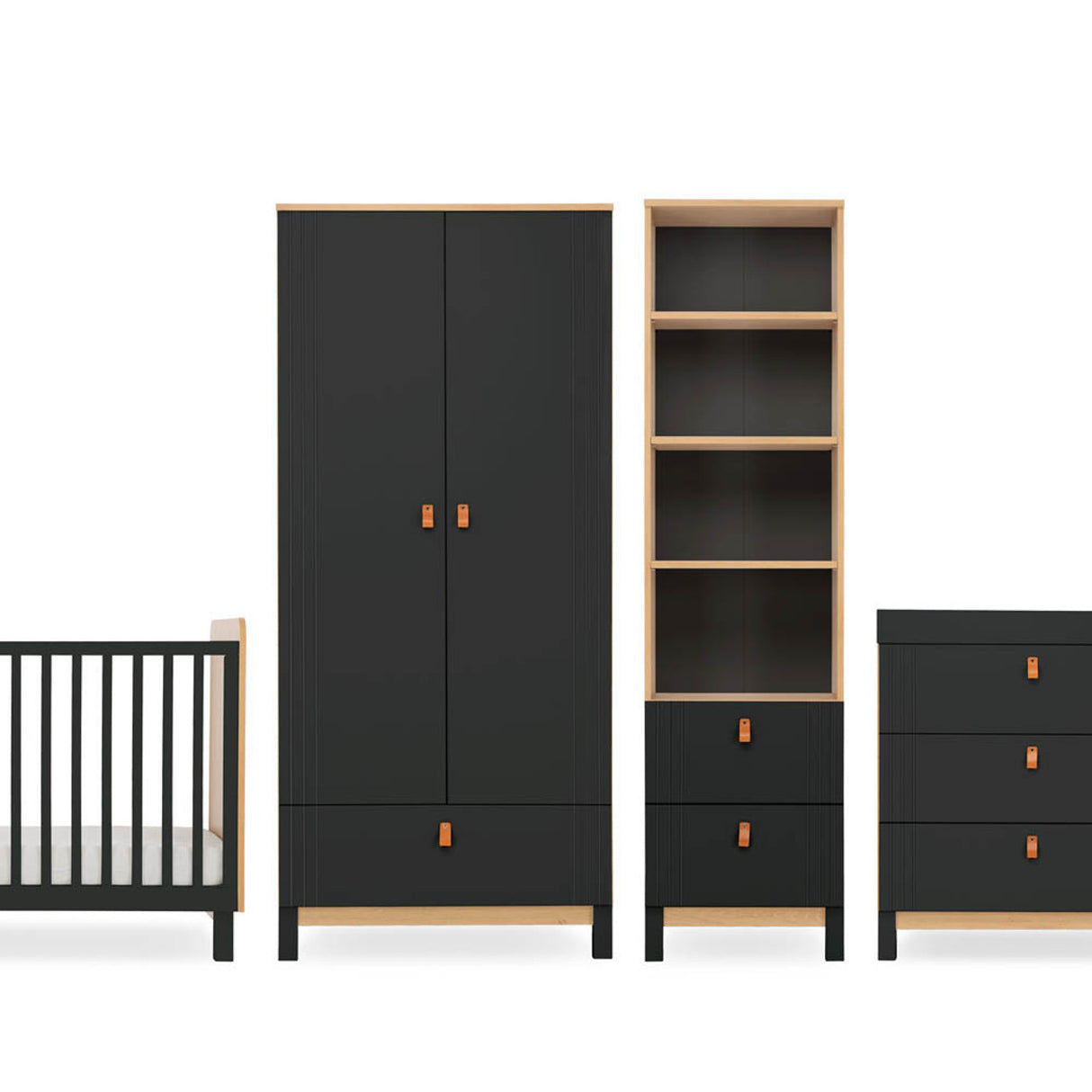 CuddleCo Rafi 4 Piece Nursery Furniture Set with Cot Bed, Dresser, Wardrobe and Bookcase - Oak & Black