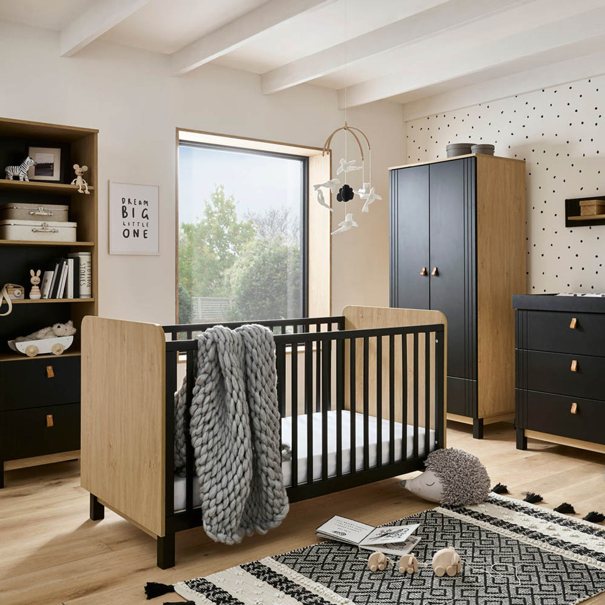 CuddleCo Rafi 4 Piece Nursery Furniture Set with Cot Bed, Dresser, Wardrobe and Bookcase - Oak & Black
