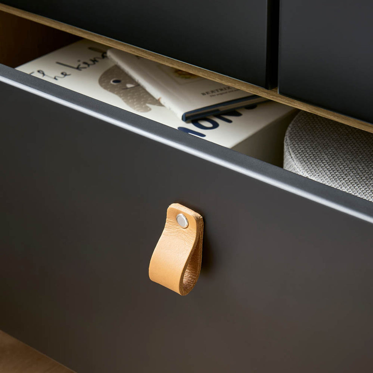 CuddleCo Rafi 4 Piece Nursery Furniture Set with Cot Bed, Dresser, Wardrobe and Bookcase - Oak & Black