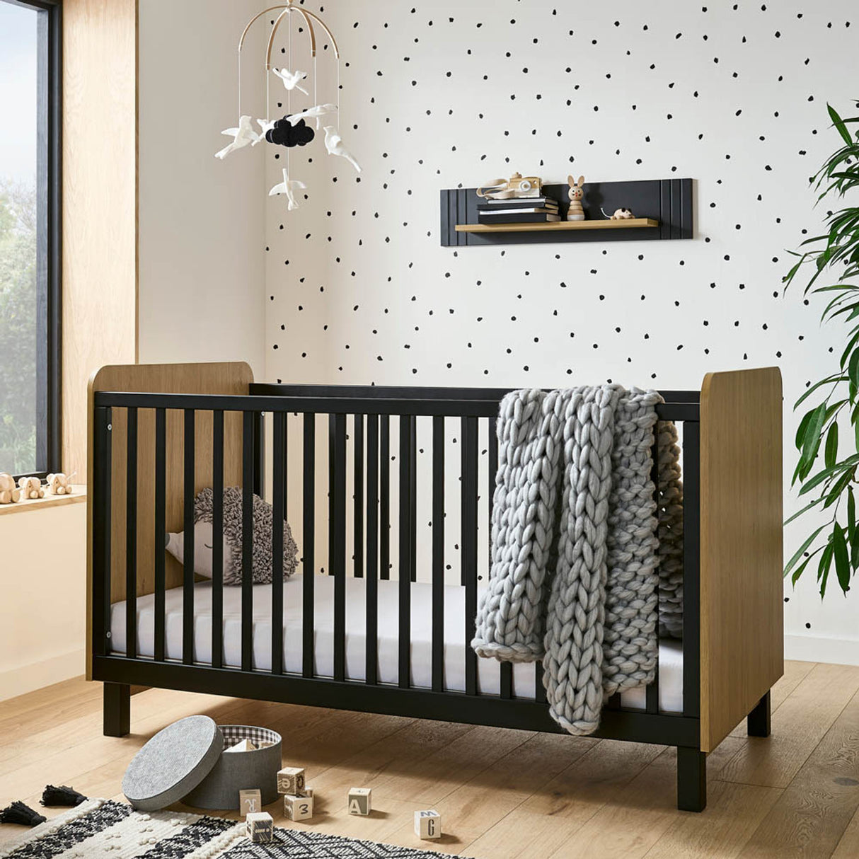 CuddleCo Rafi 4 Piece Nursery Furniture Set with Cot Bed, Dresser, Wardrobe and Bookcase - Oak & Black
