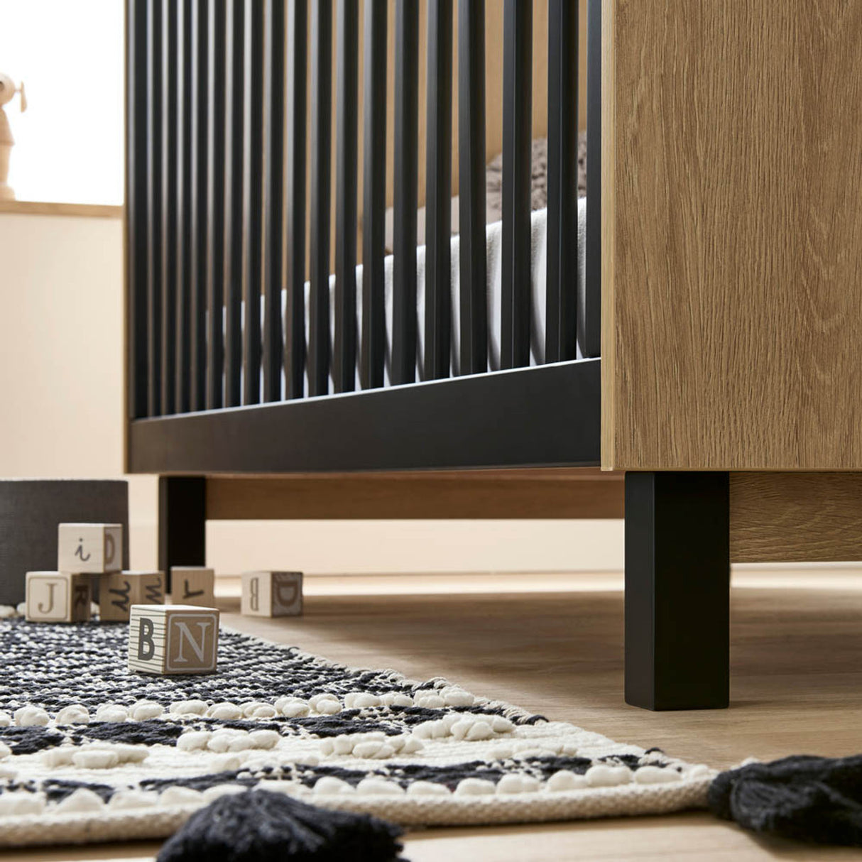 CuddleCo Rafi 4 Piece Nursery Furniture Set with Cot Bed, Dresser, Wardrobe and Bookcase - Oak & Black