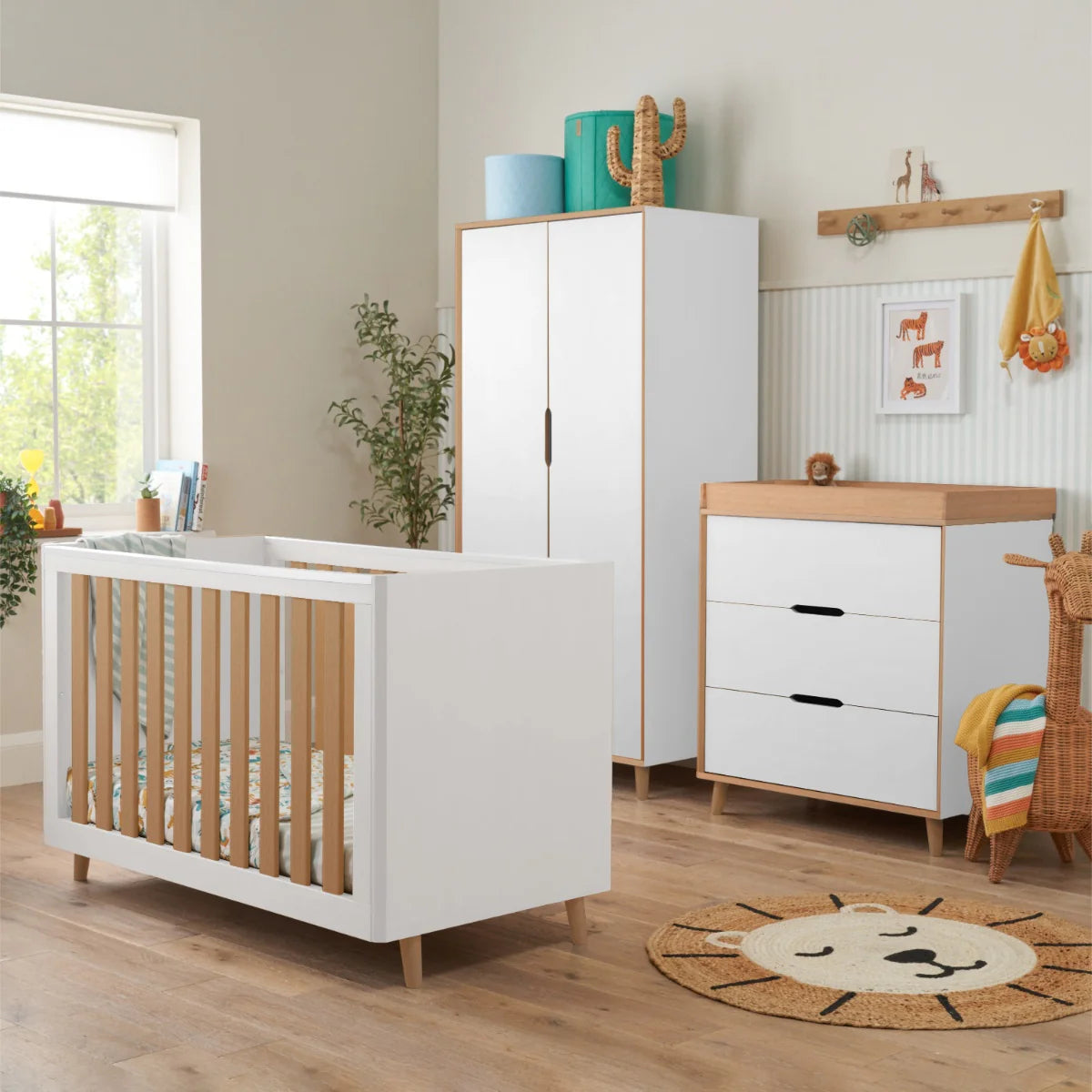 Tutti Bambini Fika Mini 3 Piece Nursery Furniture Set with Cot Bed, Dresser & Wardrobe - White & Light Oak