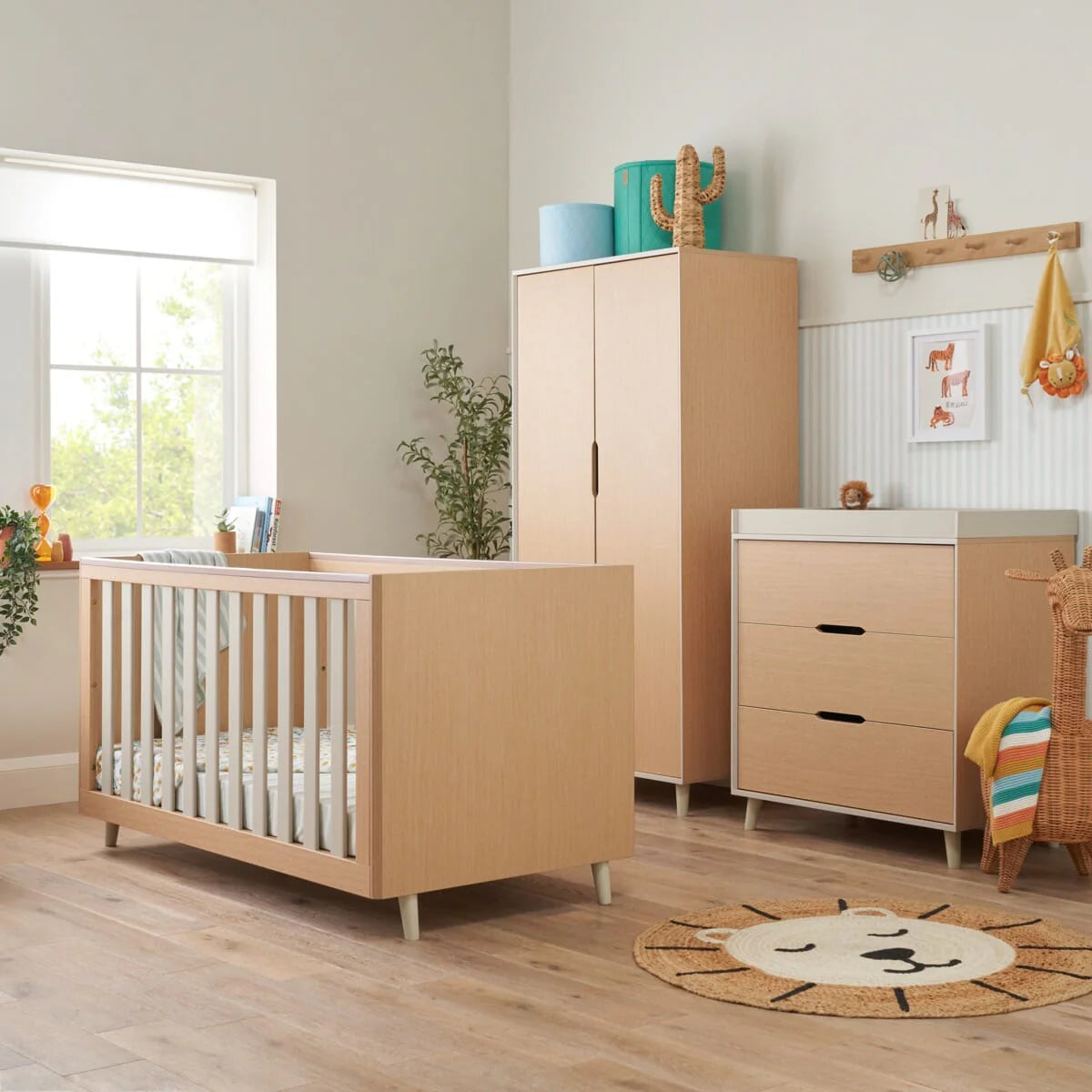 Tutti Bambini Fika 3 Piece Nursery Furniture Set with Cot Bed, Dresser & Wardrobe - White Sand & Light Oak