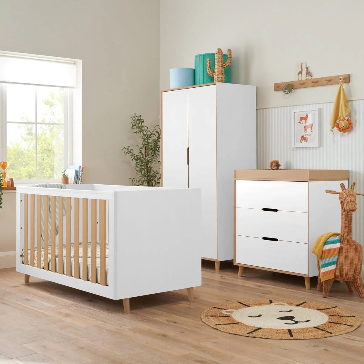 Tutti Bambini Fika 3 Piece Nursery Furniture Set with Cot Bed, Dresser & Wardrobe - White & Light Oak
