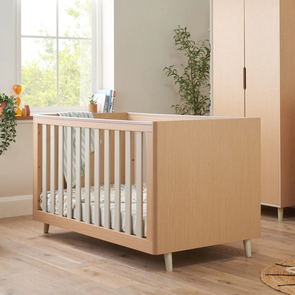 Tutti Bambini Fika 3 Piece Nursery Furniture Set with Cot Bed, Dresser & Wardrobe - White Sand & Light Oak