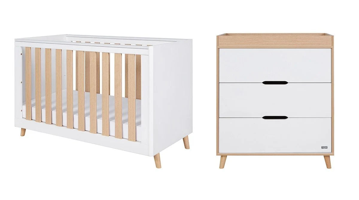 Tutti Bambini Fika Mini 2 Piece Nursery Furniture Set with Cot Bed & Dresser - White & Light Oak